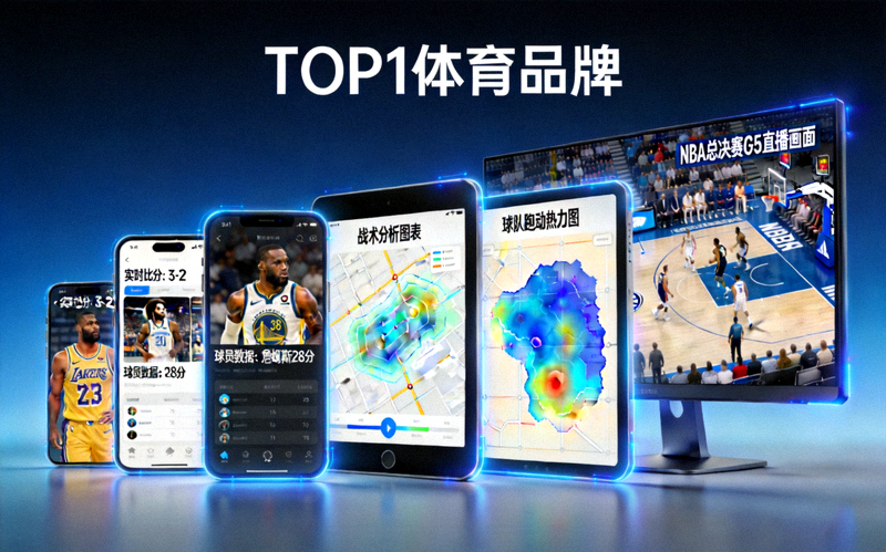 TOP1体育品牌概念图 - 多设备展示实时体育赛事数据与直播画面